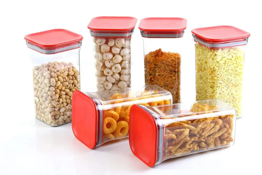 Standard Square Airtight Plastic Kitchen Storage Container With Red Lid Set Of 6 (1100 ml)