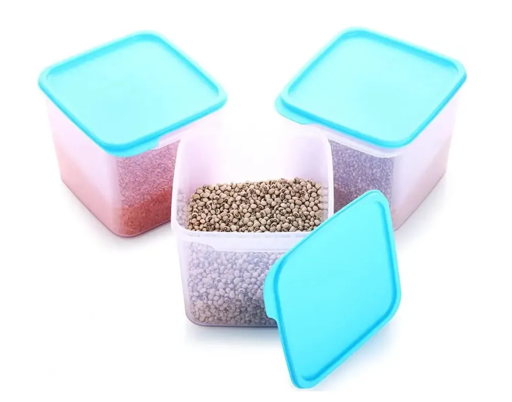 Standard Square Big Plastic Kitchen Storage Container With Blue Lid Set Of 6 (4 Litre)