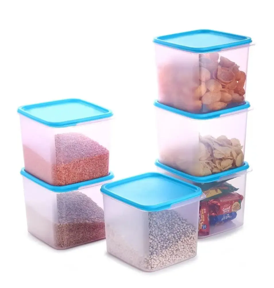 Standard Square Big Plastic Kitchen Storage Container With Blue Lid Set Of 6 (4 Litre)