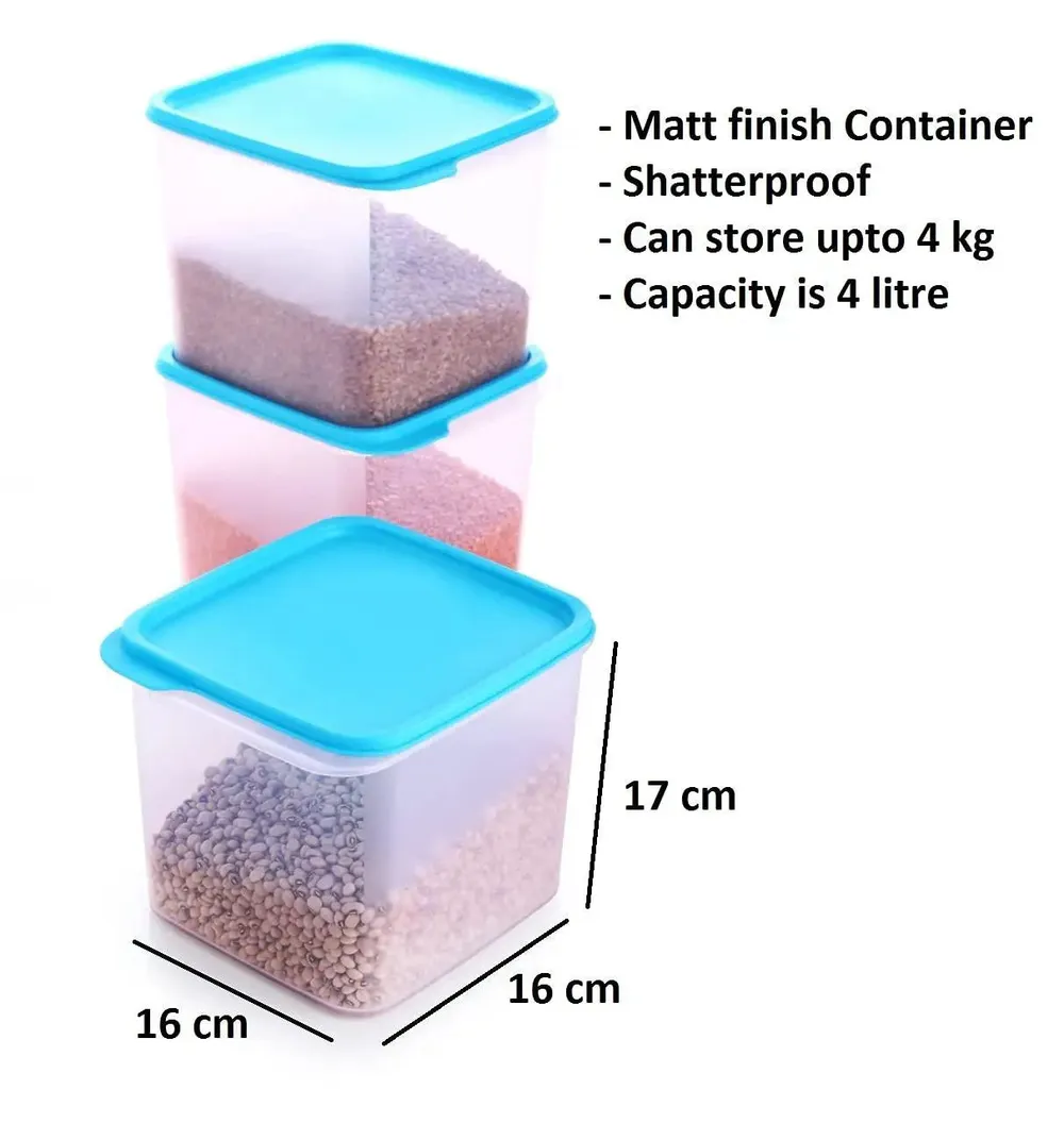 Standard Square Big Plastic Kitchen Storage Container With Blue Lid Set Of 6 (4 Litre)