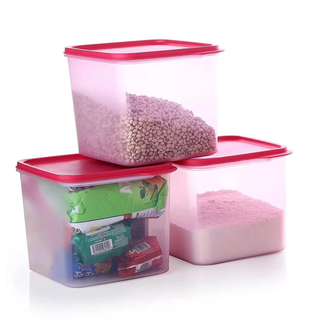 Standard Square Big Plastic Storage Kitchen Storage Container With Pink Lid Set Of 4 (4 Litre)