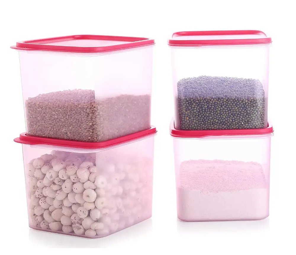 Standard Square Big Plastic Storage Kitchen Storage Container With Pink Lid Set Of 4 (4 Litre)
