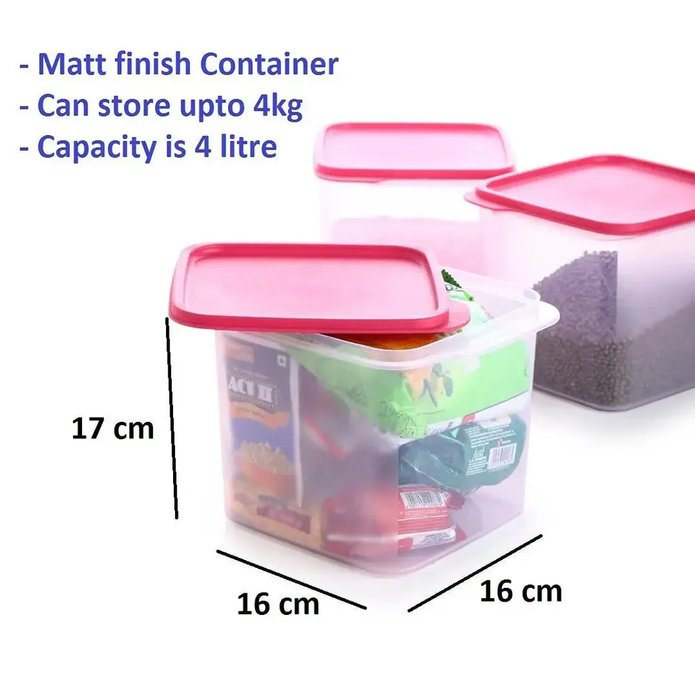 Standard Square Big Plastic Storage Kitchen Storage Container With Pink Lid Set Of 4 (4 Litre)