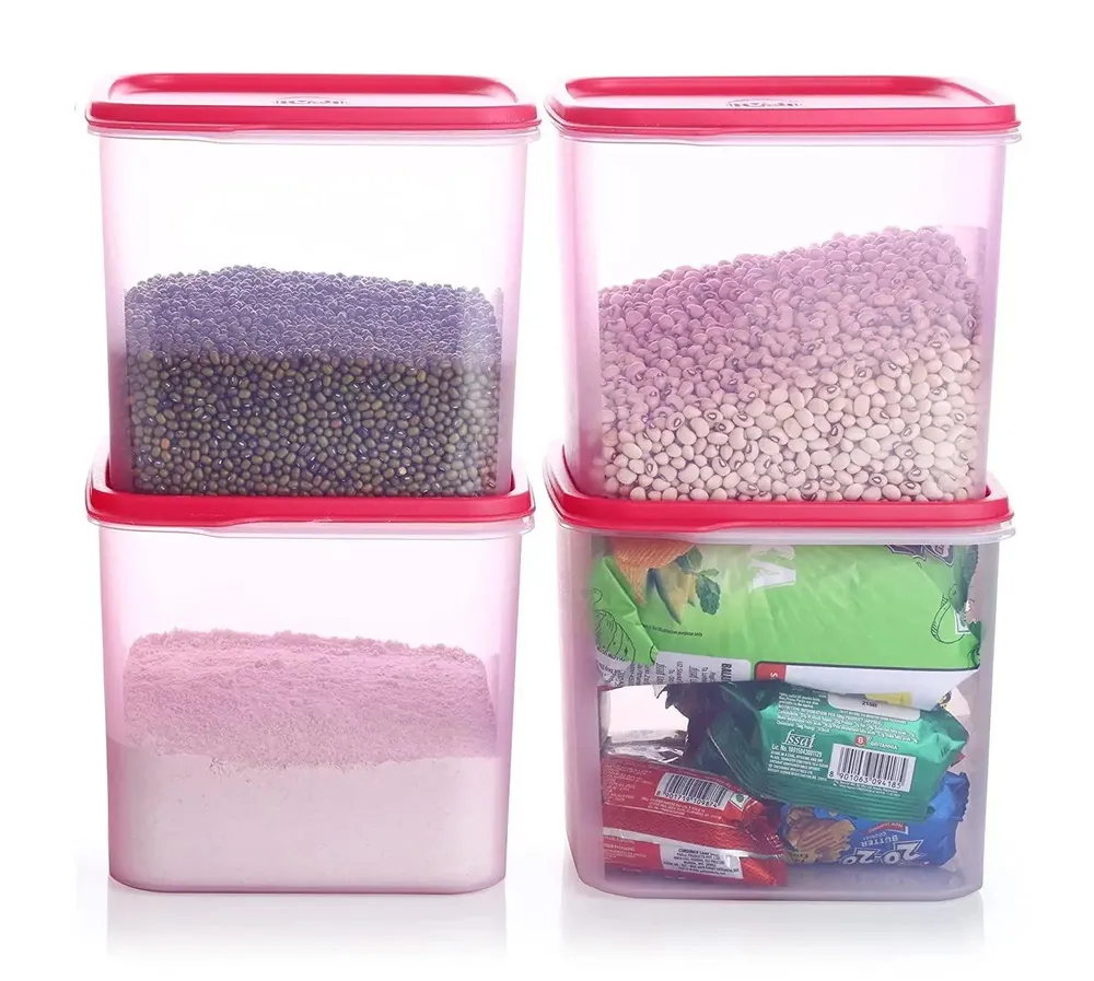 Standard Square Big Plastic Storage Kitchen Storage Container With Pink Lid Set Of 4 (4 Litre)