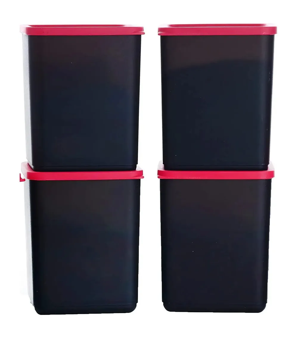 Standard Square Black Kitchen Storage Container With Pink Lid Set Of 4 (2 Litre)