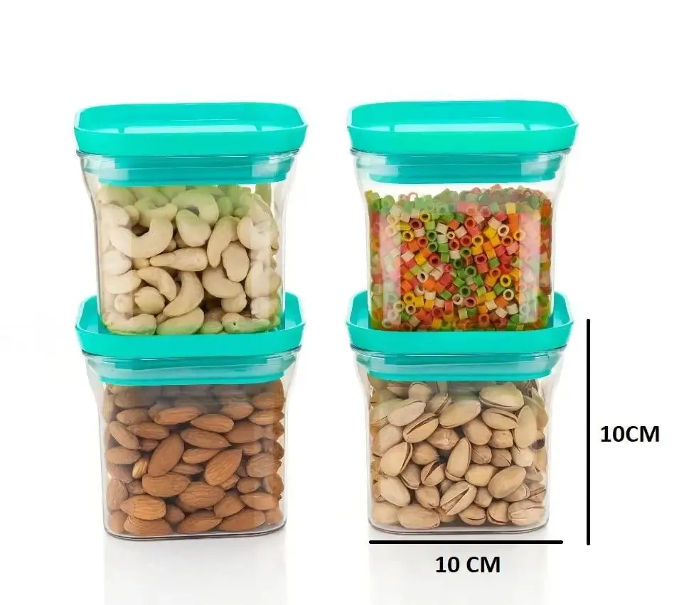 Standard Square Small Airtight Plastic Kitchen Storage Container With Blue Lid Set Of 4 (600 ml)