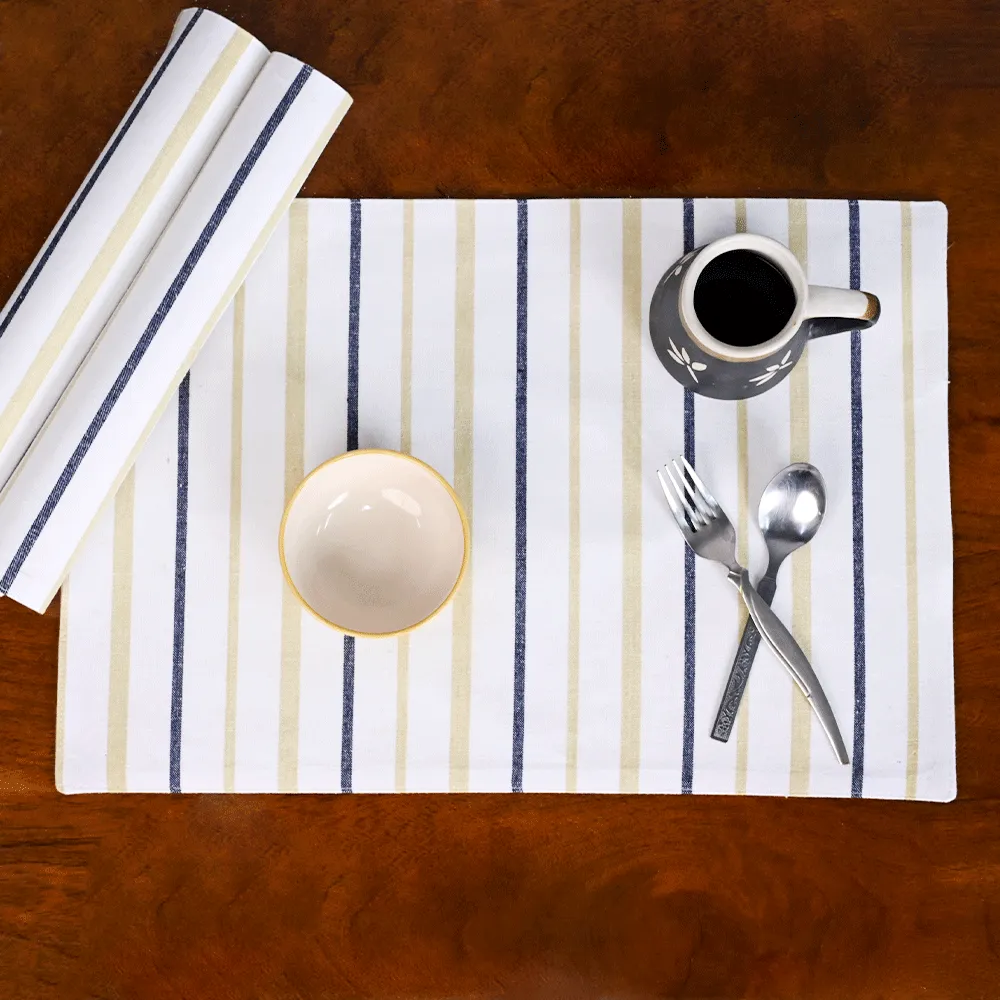 Standard Striped White & Beige Premium Cotton Placemats Set Of 6