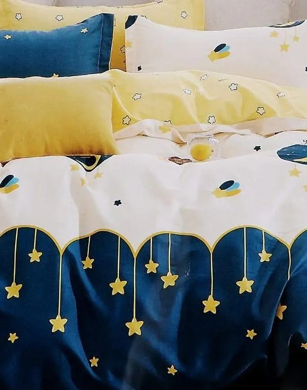 Starry Night Kids Print Double Bedsheet With 2 Pillow Covers (White)