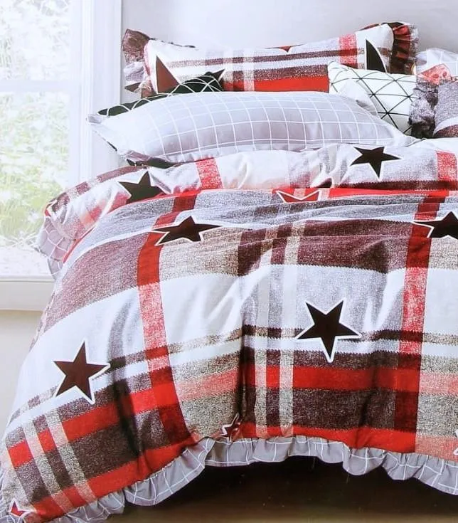 Starry Red & White Checkered Print Double Bedsheet With 2 Pillow Covers (Multicolor)