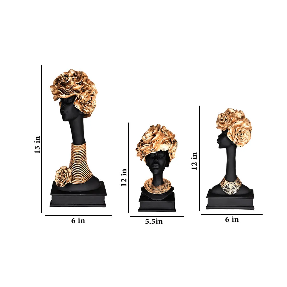 State-of-the-art Set of 3 Stunning Black Lady-like Figurines with Gold Accents
