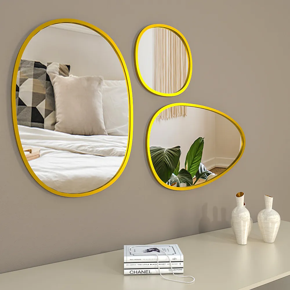 Stone Age Motif Golden Edge Designer Wall Mirror Set Of 3