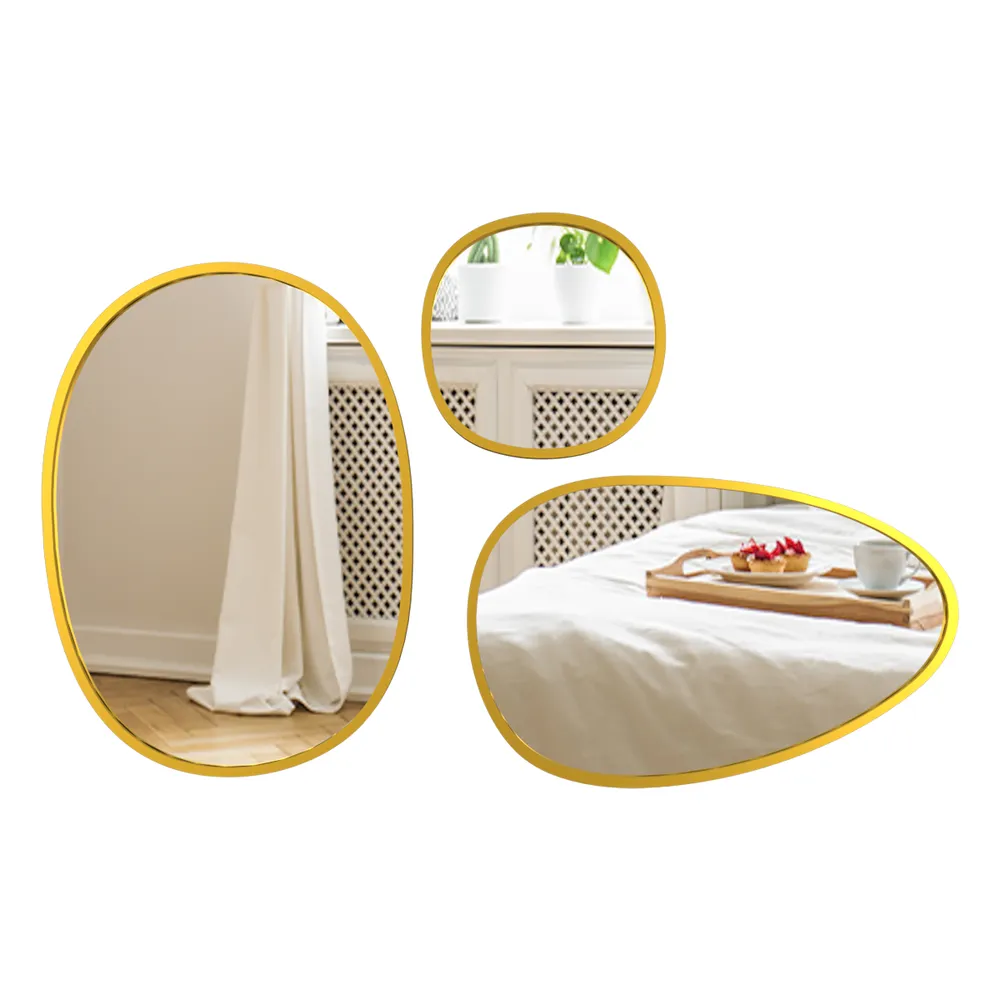 Stone Age Motif Golden Edge Designer Wall Mirror Set Of 3