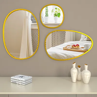 Stone Age Motif Golden Edge Designer Wall Mirror Set Of 3