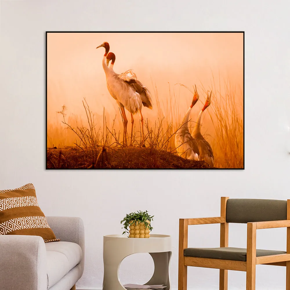Striking Sarus Crane Rectangular Canvas Wall Painting With Frame