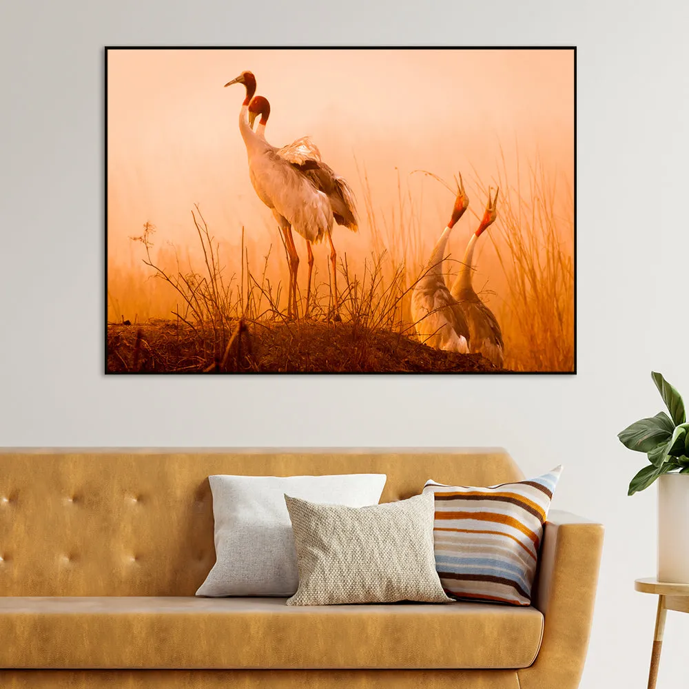 Striking Sarus Crane Rectangular Canvas Wall Painting With Frame