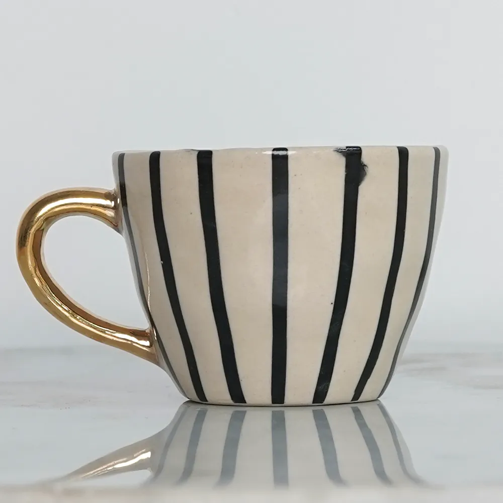 Striped Affluent Ceramic Tea Cups With Gold Handle  Set of 2