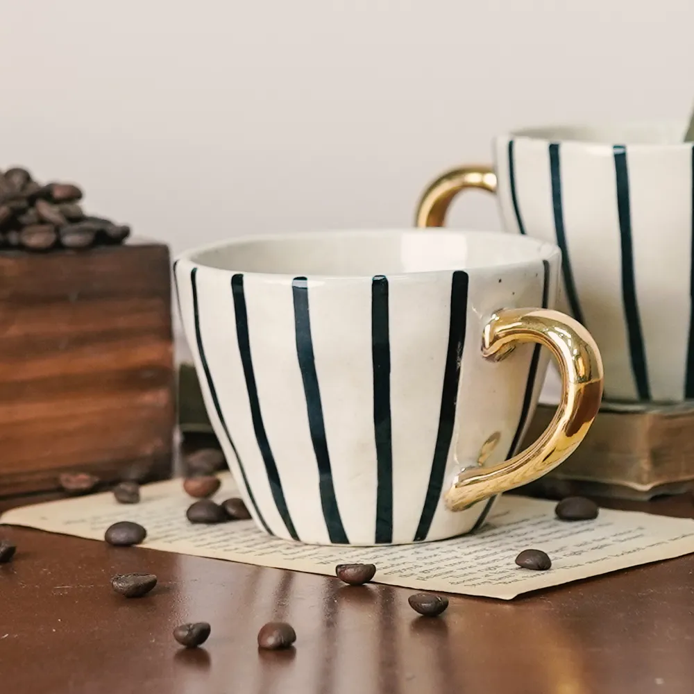 Striped Affluent Ceramic Tea Cups With Gold Handle  Set of 2