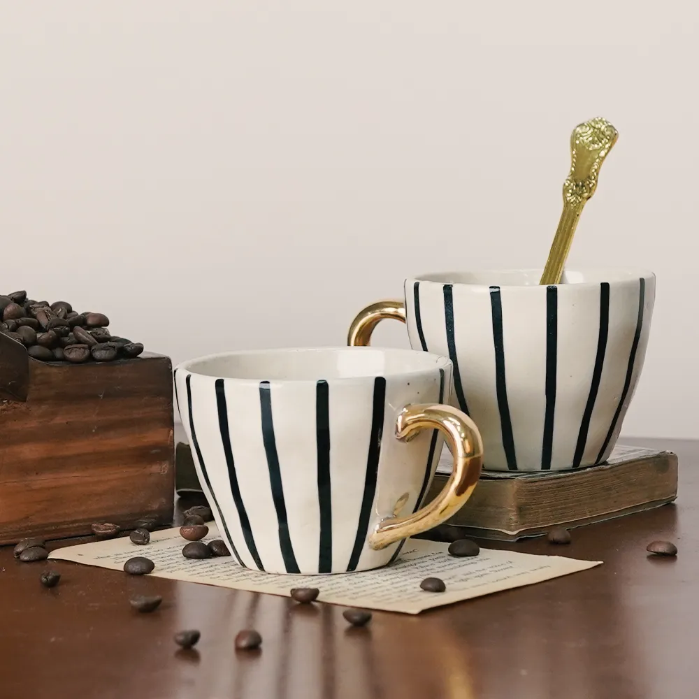 Striped Affluent Ceramic Tea Cups With Gold Handle  Set of 2