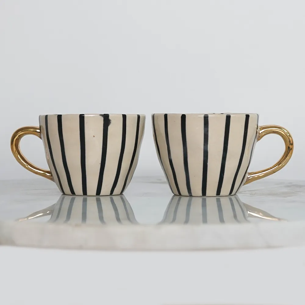 Striped Affluent Ceramic Tea Cups With Gold Handle  Set of 2