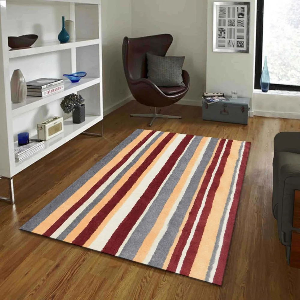 Striped Maroon & Gray Tufted Area Carpet