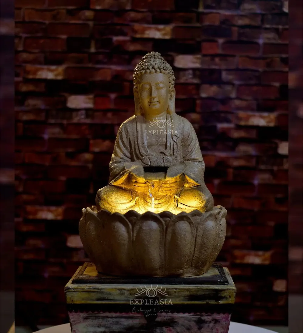Stunning 2ft Stone Beige Lotus Buddha Water Fountain for Home