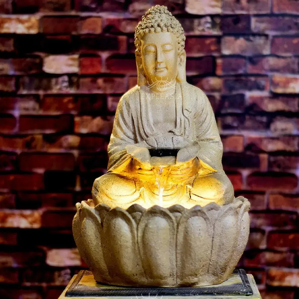 Stunning 2ft Stone Beige Lotus Buddha Water Fountain for Home