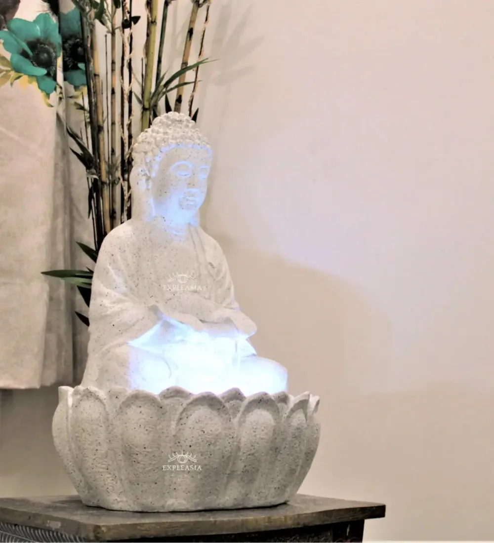 Stunning 2ft White Lotus Buddha Water Fountain for Home