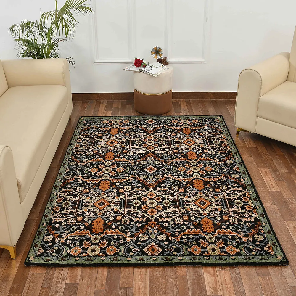 Stunning Black and Gold Traditional Print Hand Tufted Polyester Carpet 2X5