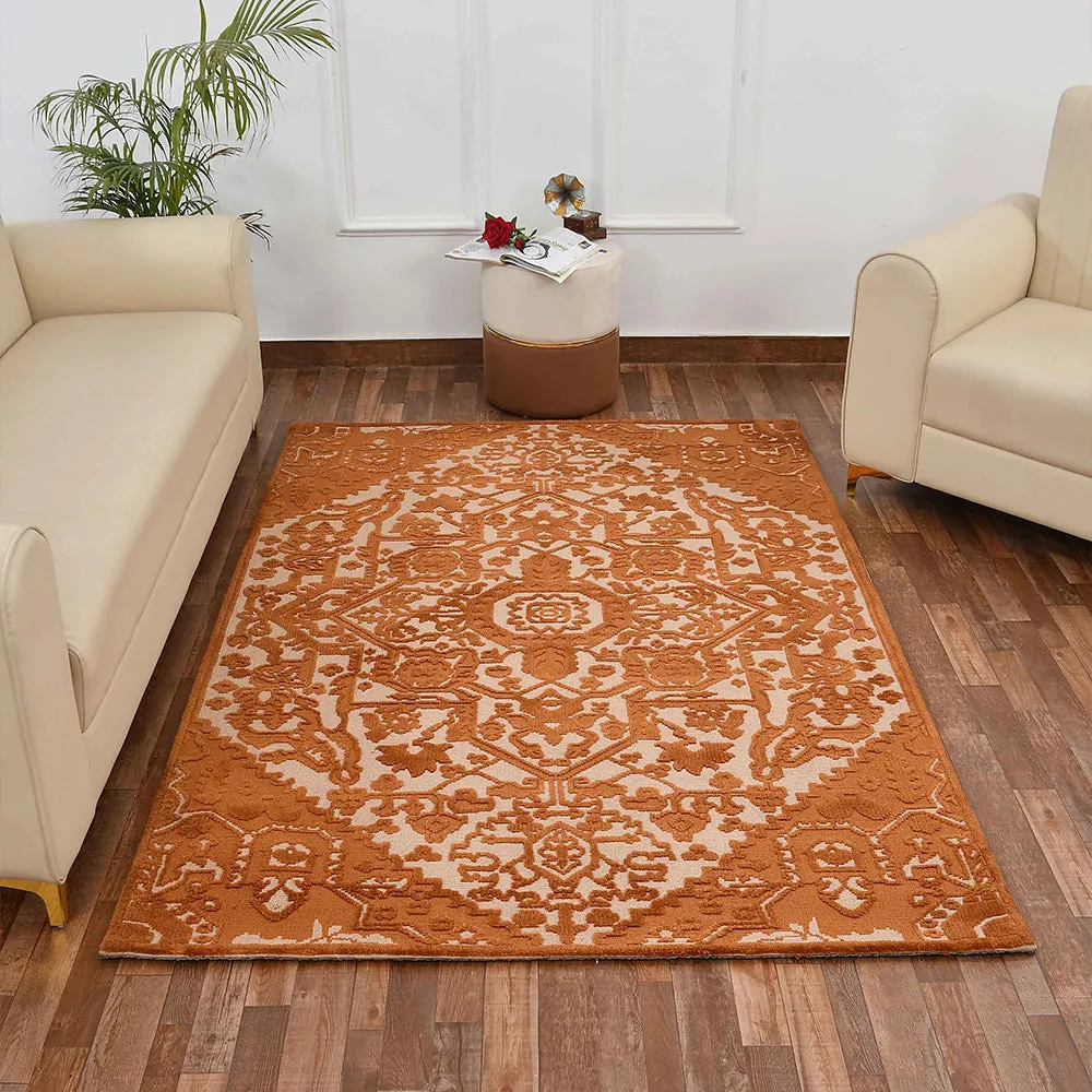 Stunning Gold and Beige Traditional Print Hand Tufted Polyester Carpet 2X5