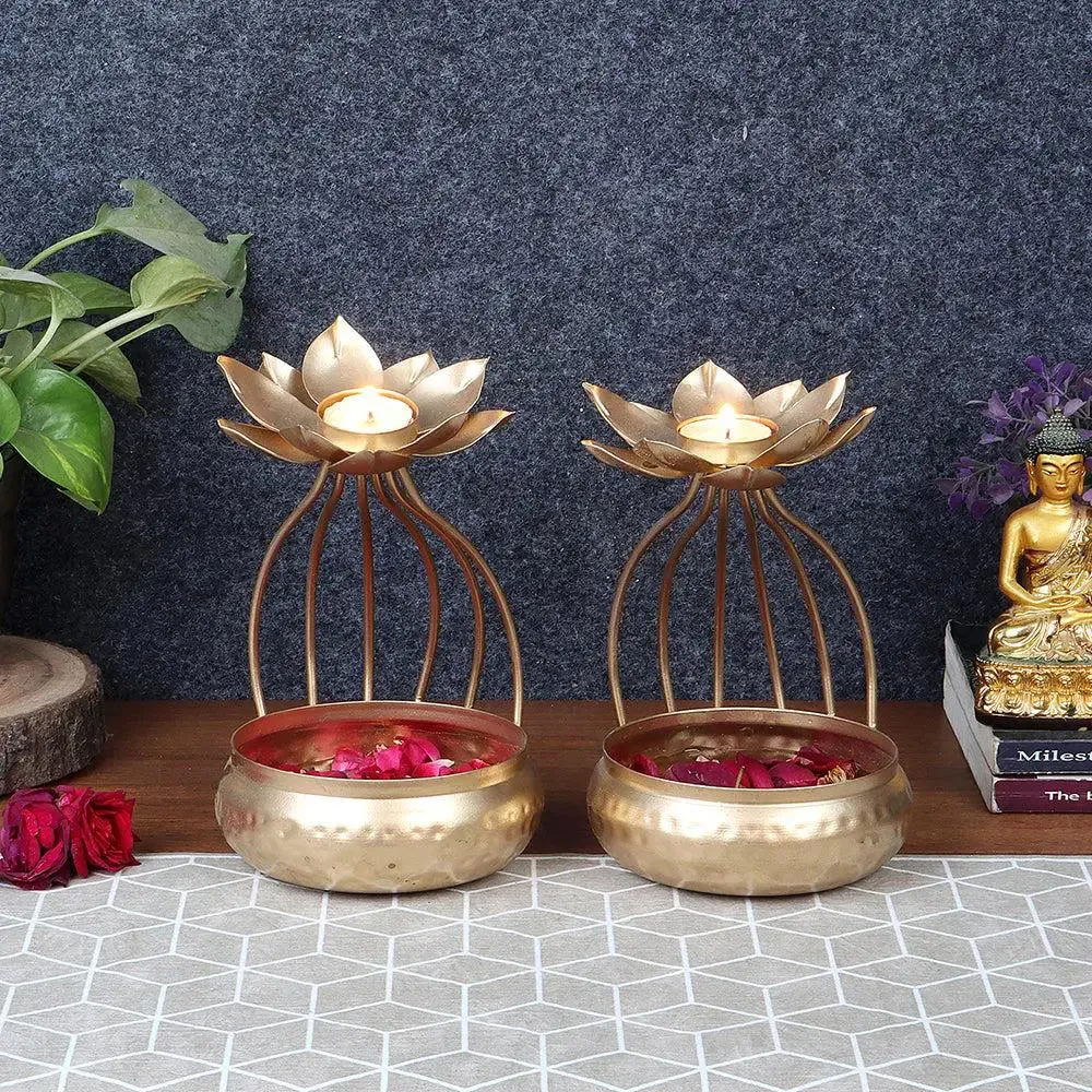 Stunning Gold Urli Bowl with Metallic Flower Top (Set of 2)