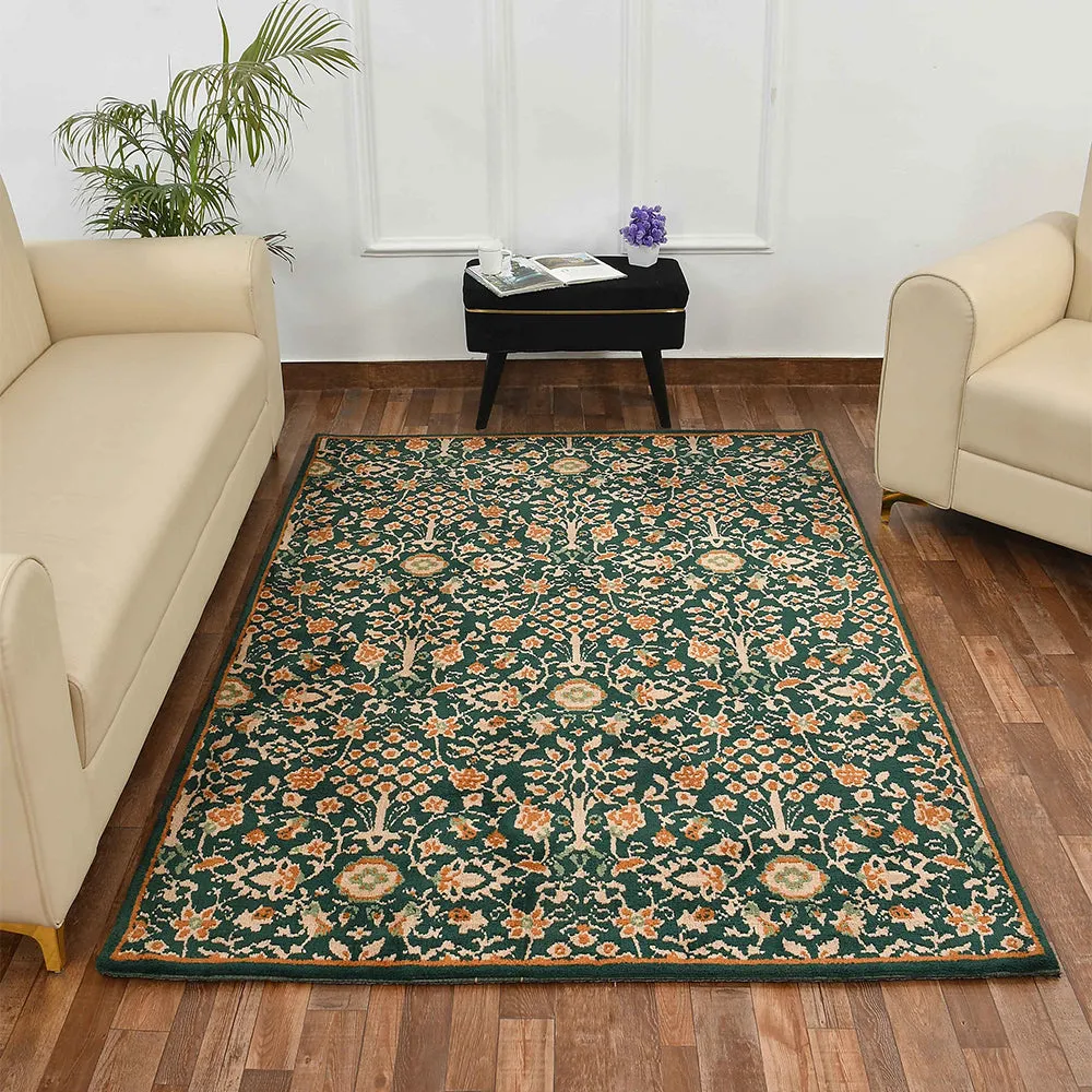 Stunning Green and Gold Traditional Print Hand Tufted Polyester Carpet 3X5