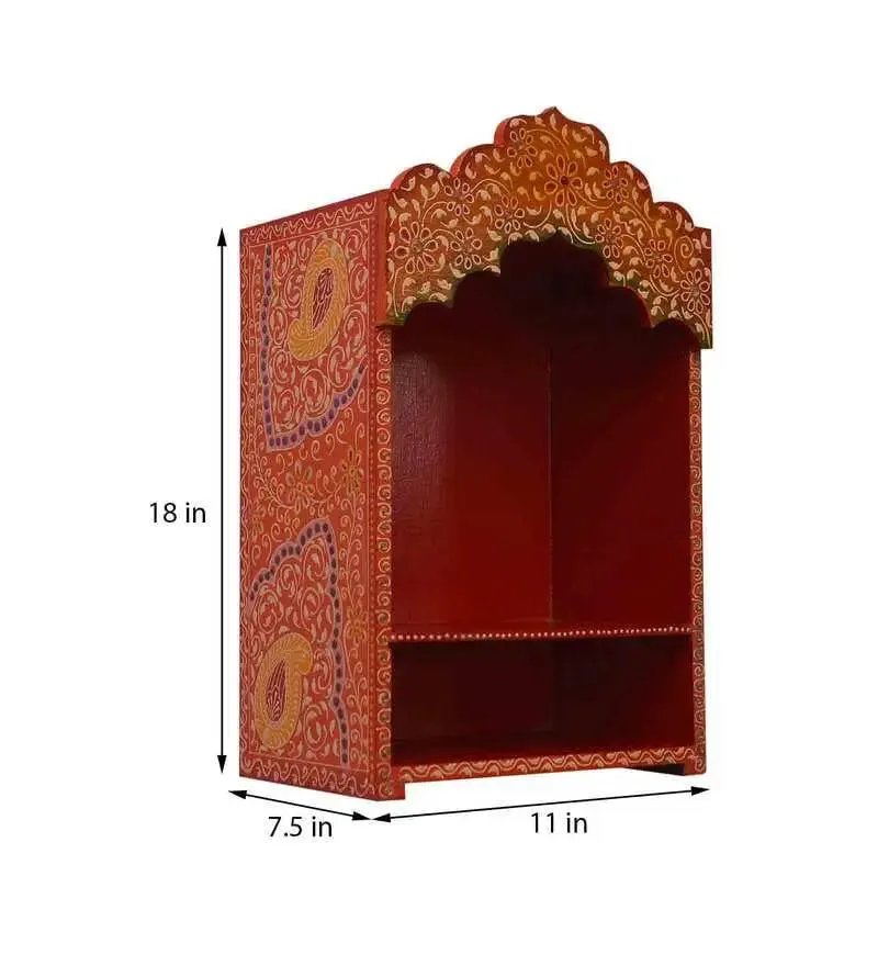 Stunning Handpainted and Carved Wooden Pooja Mandir in Orange Colour