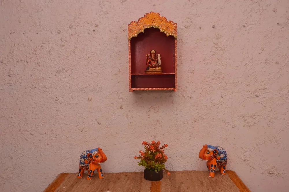 Stunning Handpainted and Carved Wooden Pooja Mandir in Orange Colour