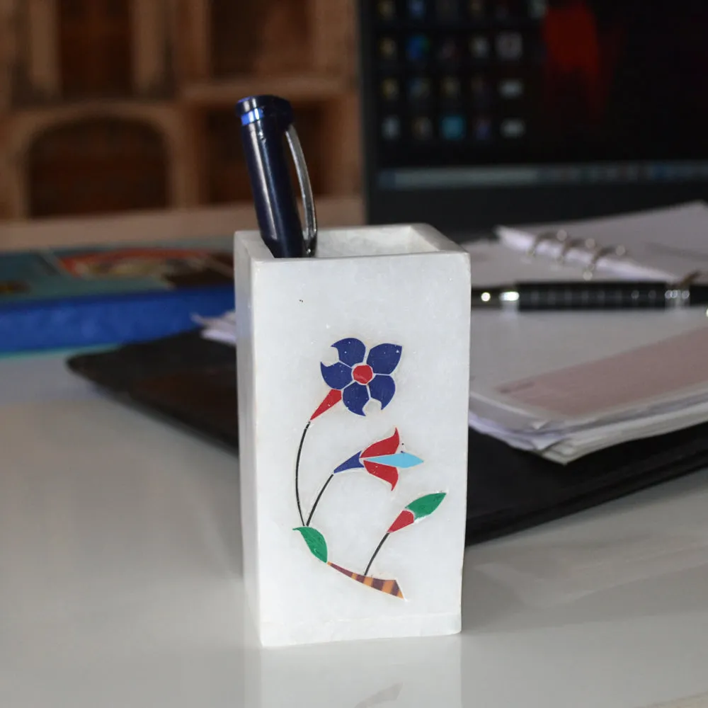 Stunning Handpainted Floral Marble Pen Stand