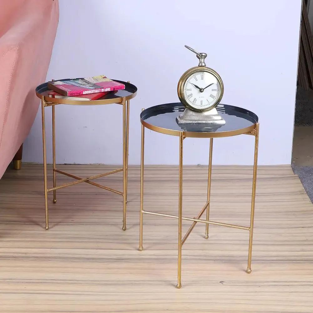 Stunning Metallic Grey & Gold Foldable Side Table Set of 2