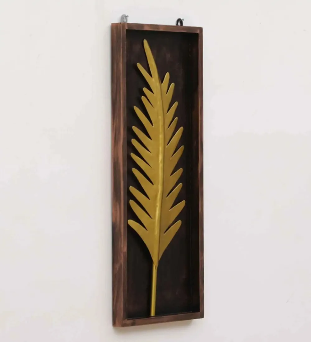 Stunning Palm Leaf With Wooden Frame Metal Wall Art Décor