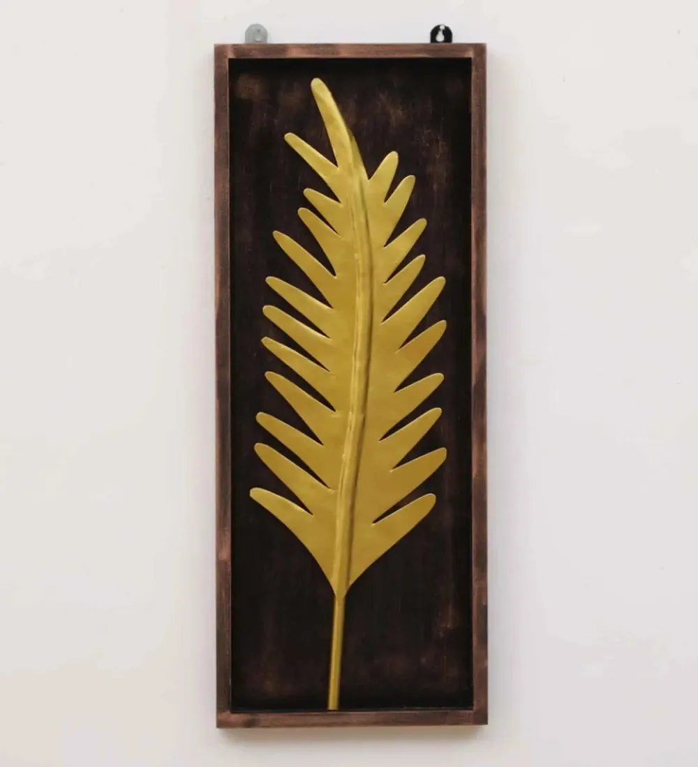 Stunning Palm Leaf With Wooden Frame Metal Wall Art Décor