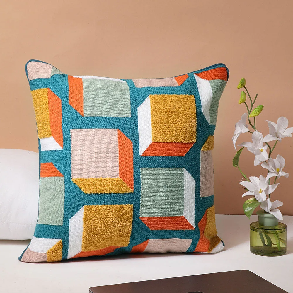 Stunning Peacock Blue Multicolored Cuboid Pattern 100 % Cotton Cushion Cover Set Of 1