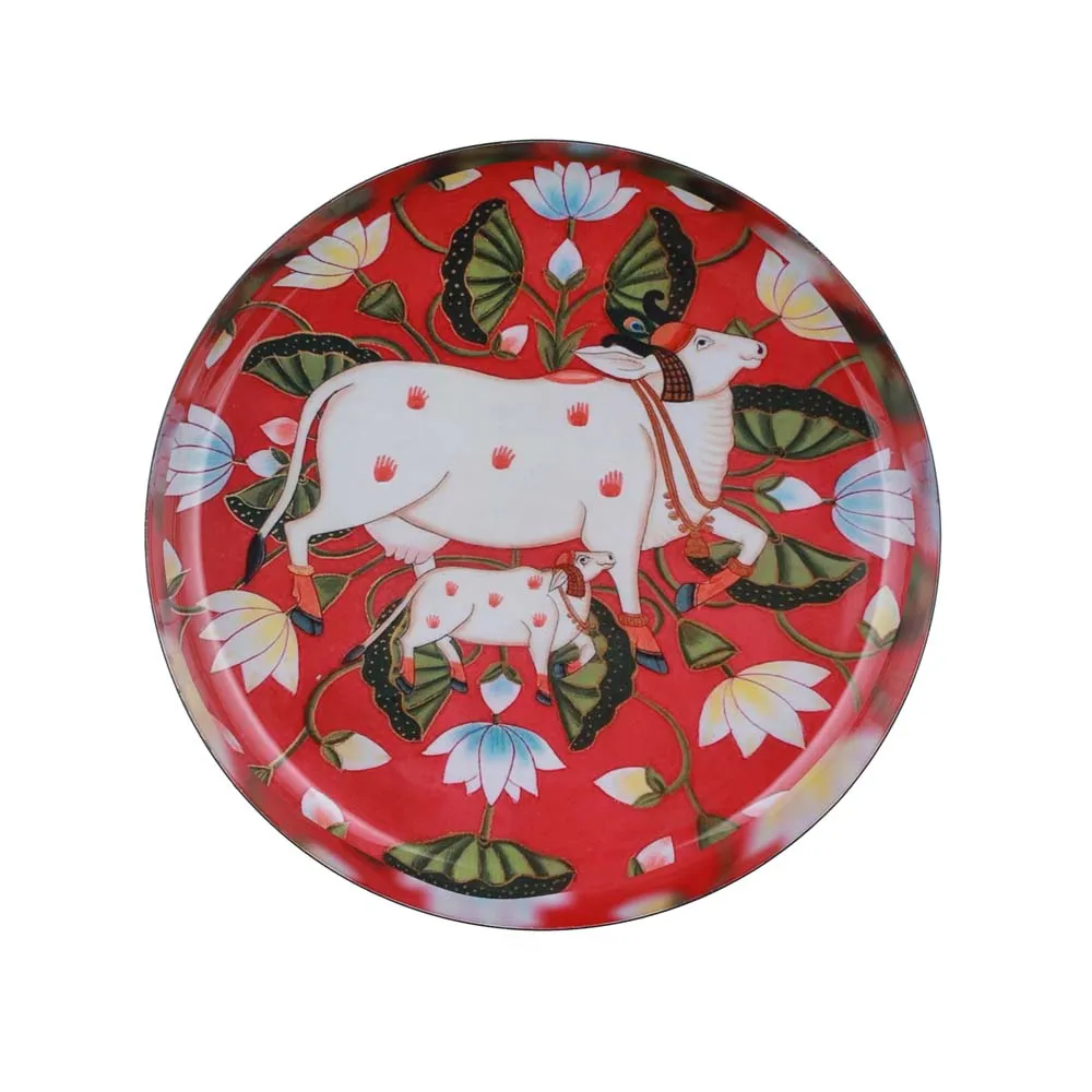 Stunning Pichwai Cow Premium Decorative Metal Wall Plate (10 Inches)