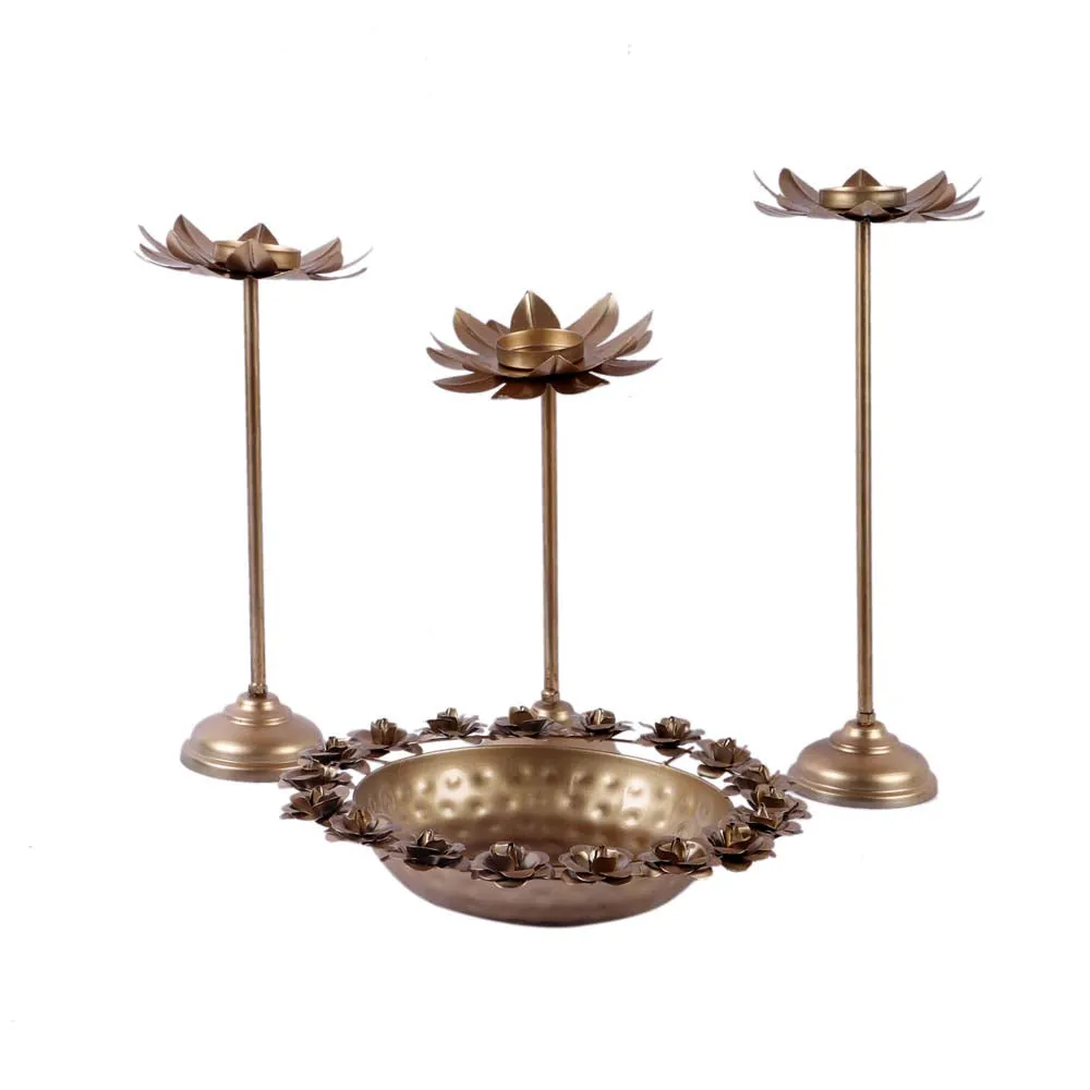 Stunning Rose Metal Urli Bowl with Detachable Tea light Stand Set of 4