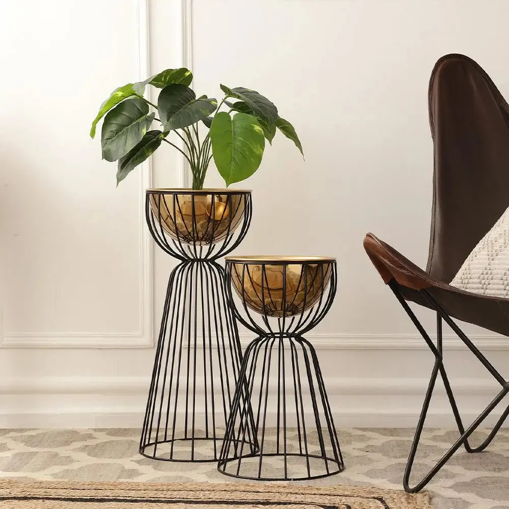 Stunning Set of 2 Gold Twin Floor Planter Stand (Gold Pot & Black Stand)