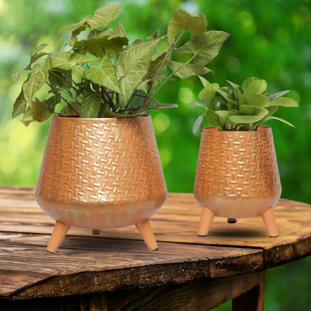 Stunning Set of 2 Rope Textured Indoor Metal Plant Stand with Pot- Orange