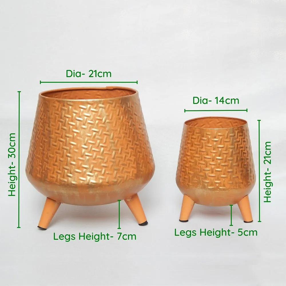 Stunning Set of 2 Rope Textured Indoor Metal Plant Stand with Pot- Orange