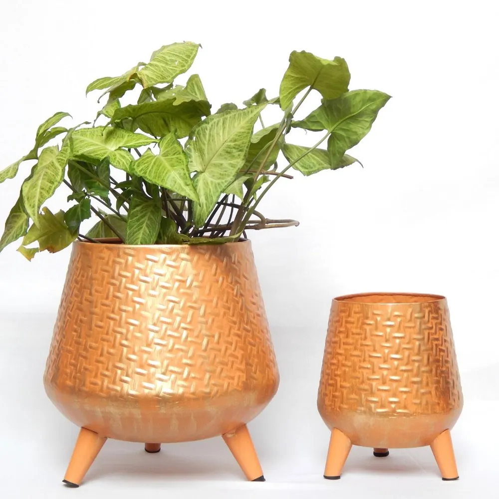 Stunning Set of 2 Rope Textured Indoor Metal Plant Stand with Pot- Orange