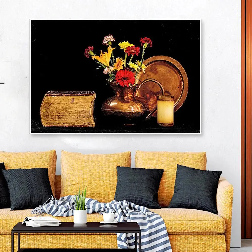 Stunning Still Life of Ancient Copper Vase &amp; Flowers With Frame