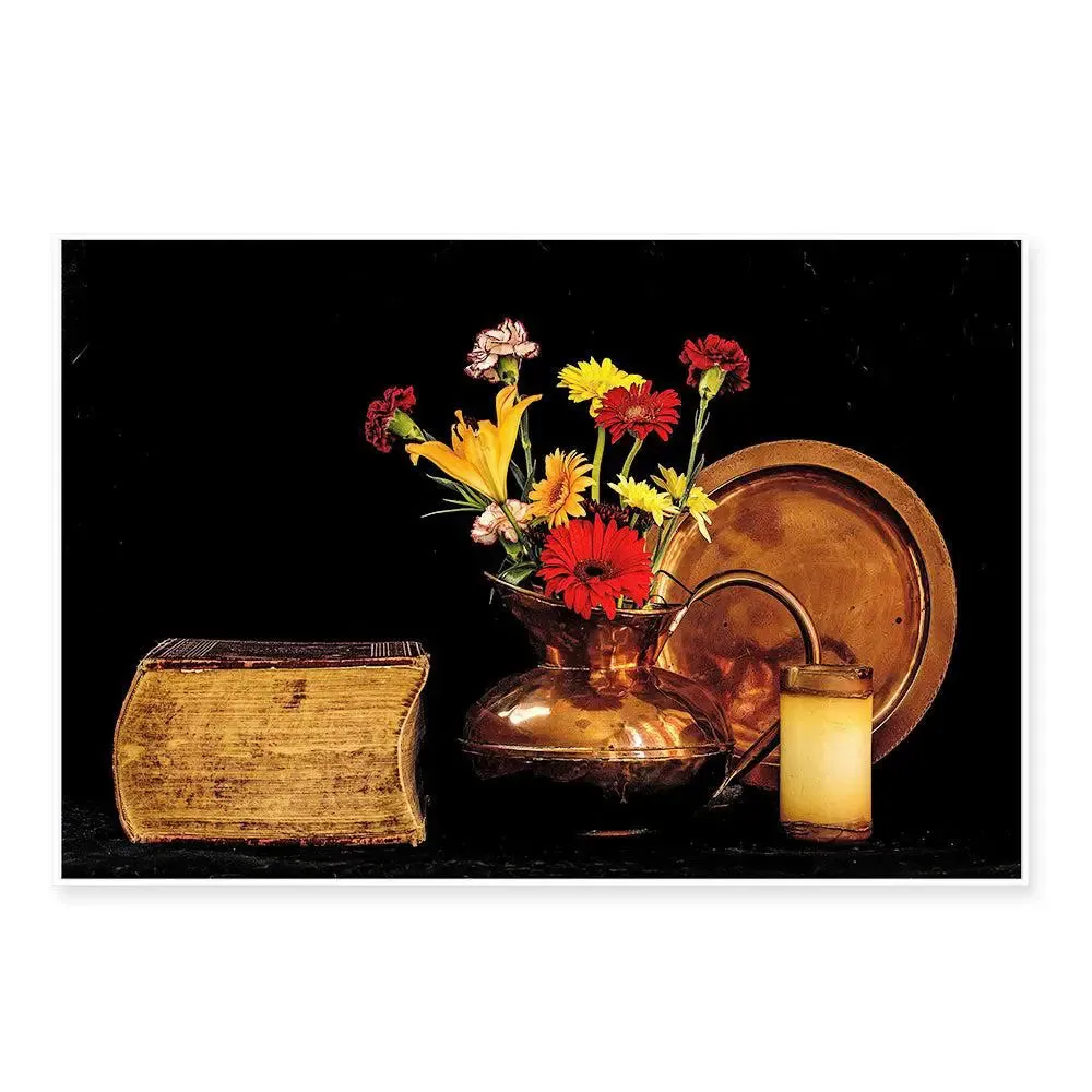 Stunning Still Life of Ancient Copper Vase &amp; Flowers With Frame