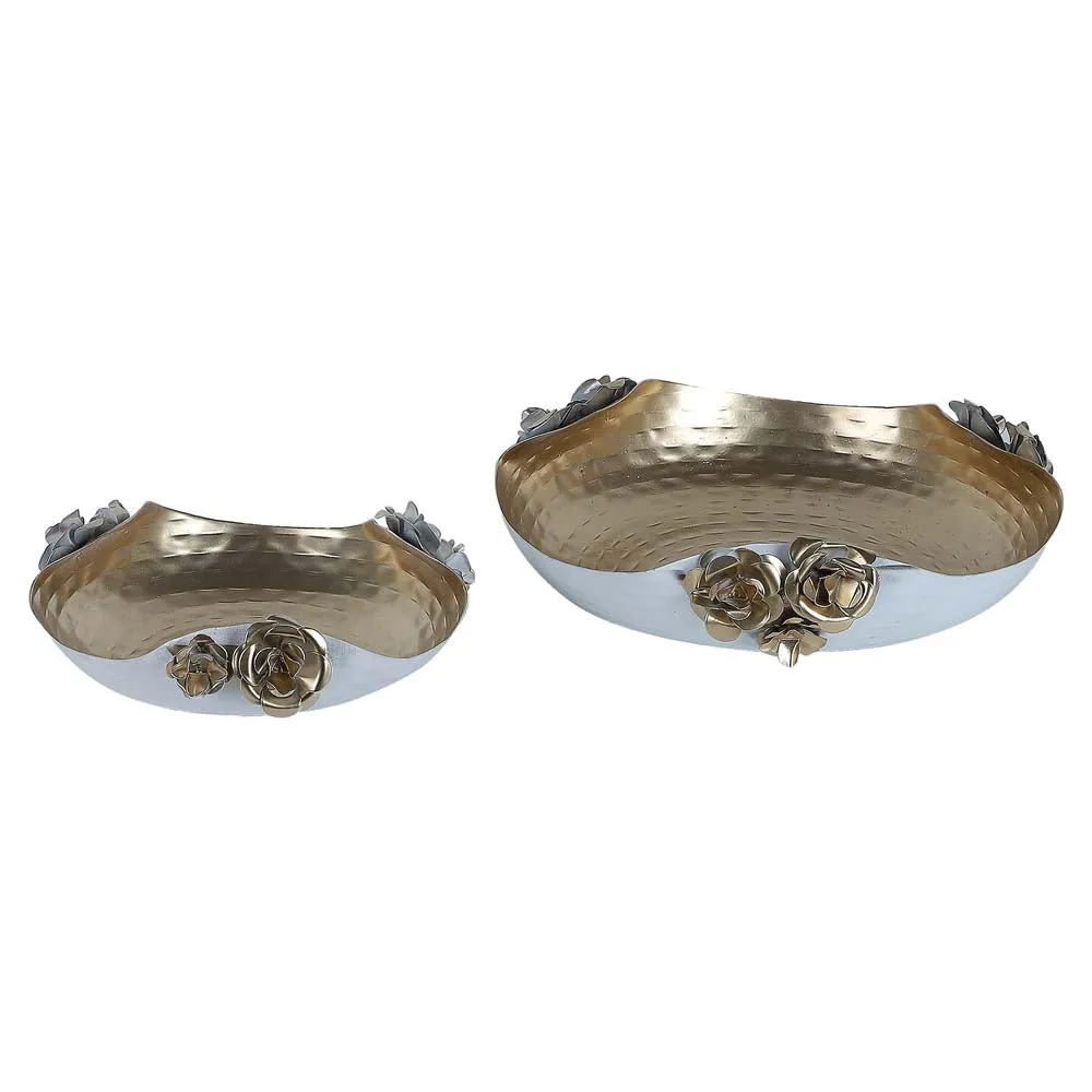 Stunning White & Gold Metal Hammered Rose Urli Set of 2