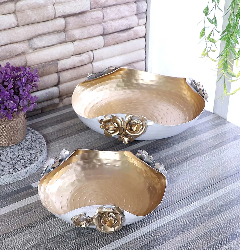 Stunning White & Gold Metal Hammered Rose Urli Set of 2