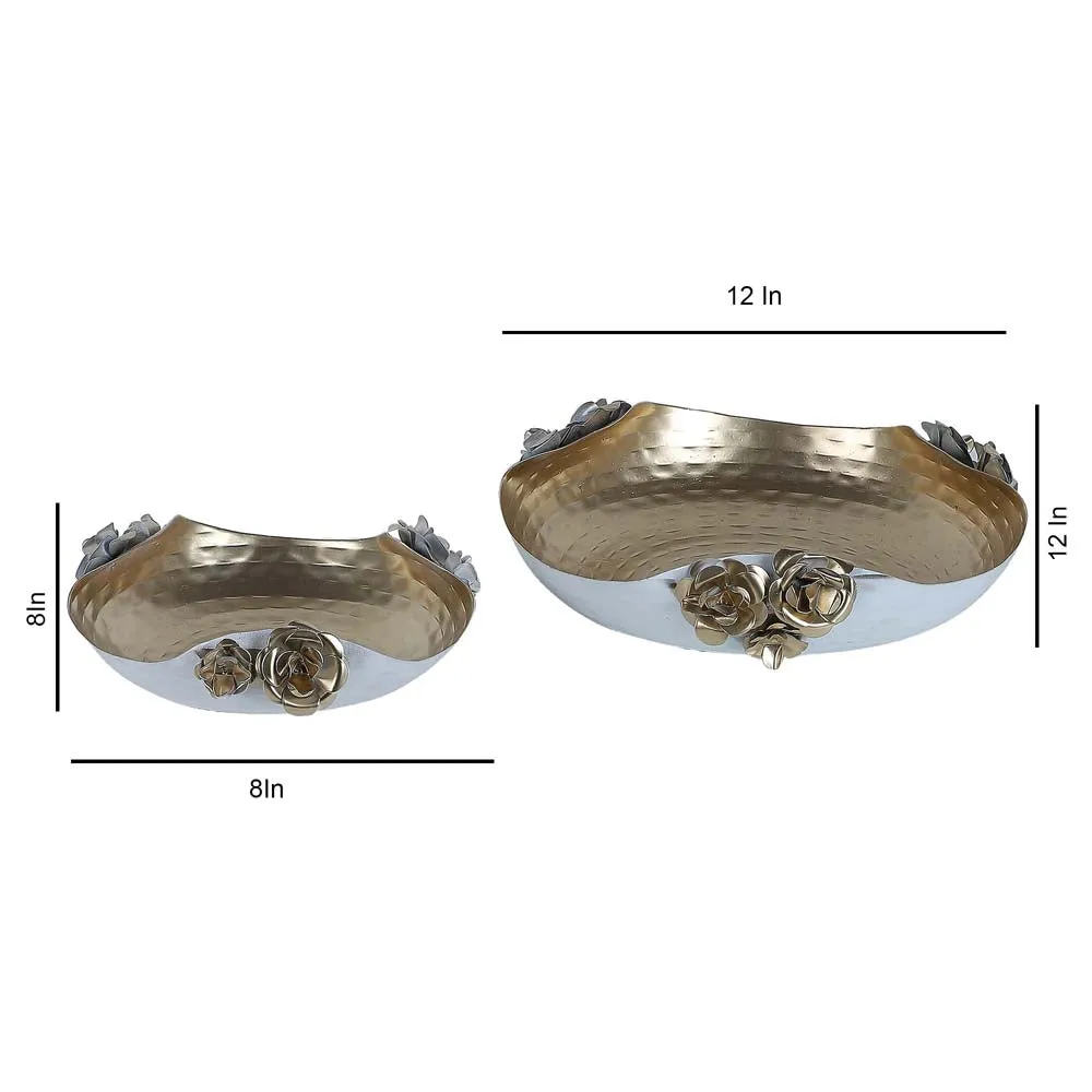 Stunning White & Gold Metal Hammered Rose Urli Set of 2