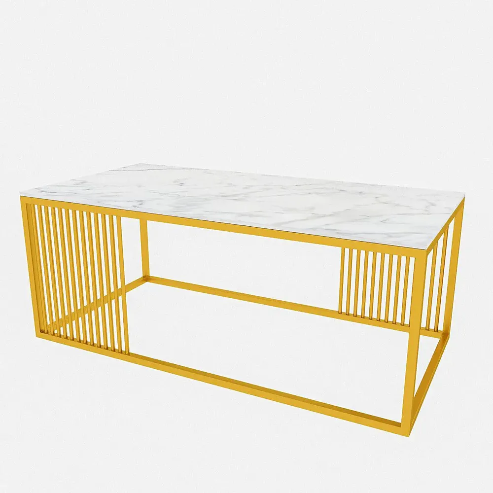 Stunning White Marble Centre Table for Living Room with Golden Accents
